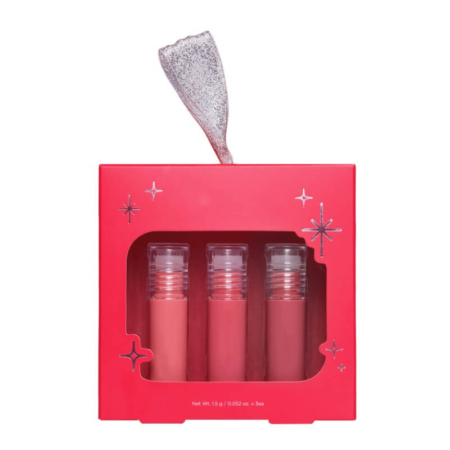 Red lip gloss box set with three glosses and a silver handle for easy carrying