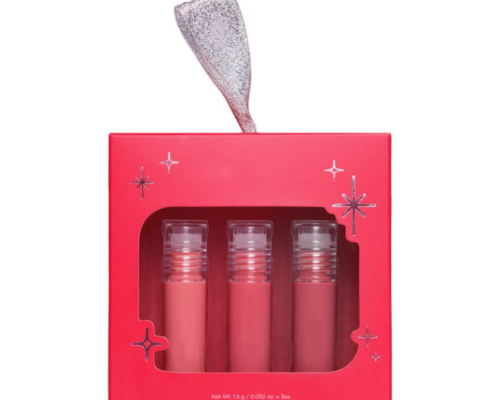 Red lip gloss box set with three glosses and a silver handle for easy carrying