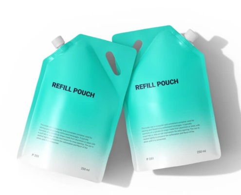 Two teal refill pouches with spouts and handles