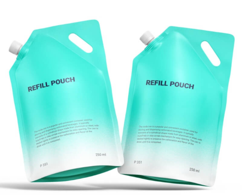 Teal refill pouches standing upright with spouts