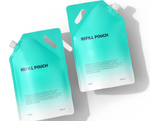 Overhead view of teal refill pouches with handles