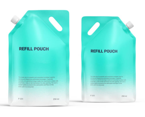 Pair of teal refill pouches with spouts facing left