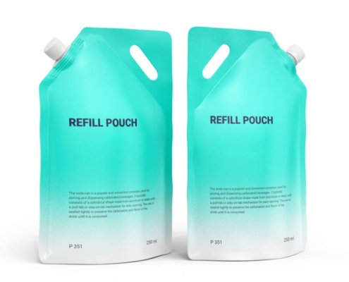 Teal mylar refill pouches with clear labels