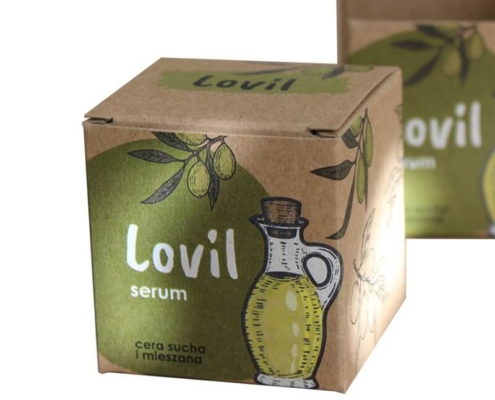 Sustainable kraft serum box with custom olive illustrations and secure lid.