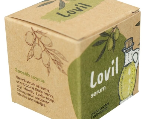 Eco-friendly serum box made from kraft paper with olive oil bottle illustration.