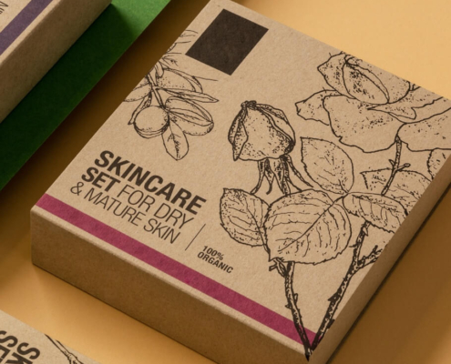 Skincare box set for dry and mature skin, featuring a kraft box with detailed floral artwork and minimalist design.