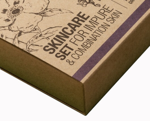 Side view of a kraft skincare box for impure and combination skin, highlighting eco-friendly materials and custom branding.