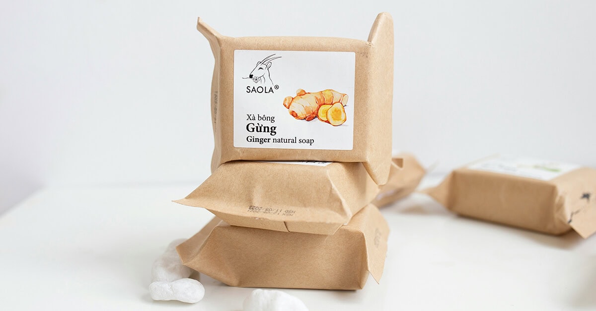 homemade soaps packed in paper bags and printed labels