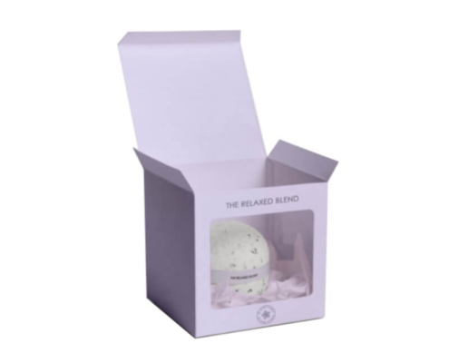 Custom bath bomb packaging featuring a clear window and precise, bold printing for brand visibility.