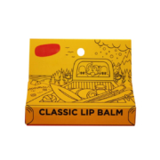 Custom chapstick packaging with a yellow design and hang hole for retail display