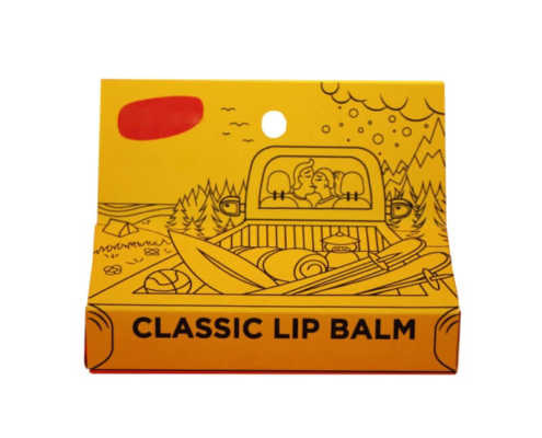 Custom chapstick packaging with a yellow design and hang hole for retail display