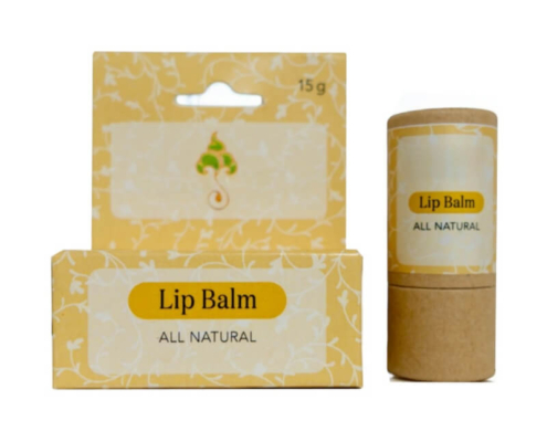 Yellow chapstick packaging for lip balm featuring natural and all-purpose design