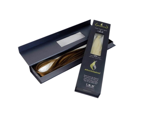 Sleek black hair extension box with a clear window and magnetic closure, featuring green branding and customizable insert options.