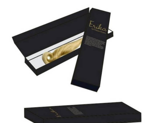 Premium black rigid hair packaging box with a magnetic closure and gold branding, designed for showcasing hair extensions elegantly.