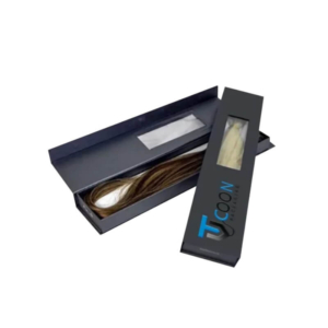 Custom hair packaging box with a clear window and magnetic closure, featuring black and blue branding for secure and stylish storage of hair extensions.