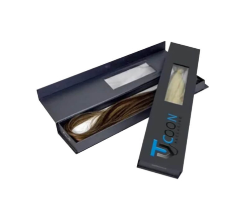 Custom hair packaging box with a clear window and magnetic closure, featuring black and blue branding for secure and stylish storage of hair extensions.