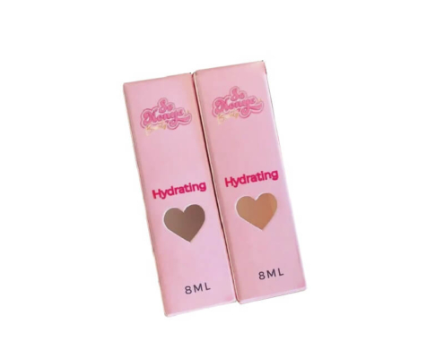 Pink custom lip gloss packaging boxes with a heart-shaped window, specially crafted for hydrating lip gloss products and brand promotion.