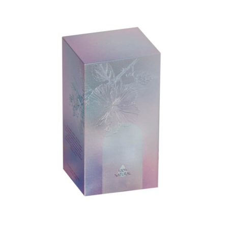 Luxurious custom lotion box in soft pastel tones with embossed floral design, made from premium art paper.