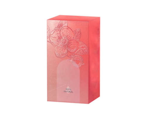 Vibrant red custom lotion box with intricate embossed floral patterns, offering a premium and eco-friendly packaging option.