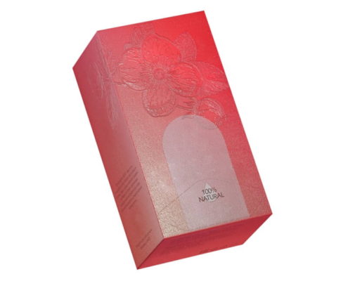 Elegant red custom lotion box with embossed details and a sleek, high-end design for luxury skincare packaging.