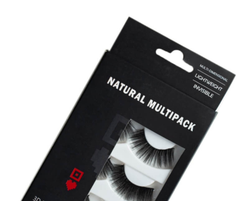 Customizable eyelash packaging box designed to fit single or multiple pairs of lashes.