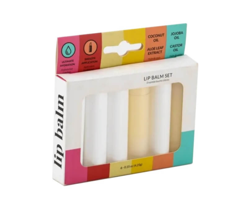 Affordable folding carton packaging for lip balm gift sets.