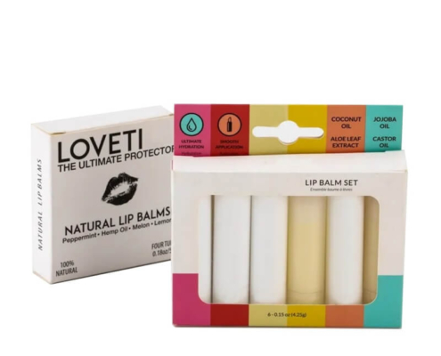 Durable folding carton box packaging for lip balm gift set.