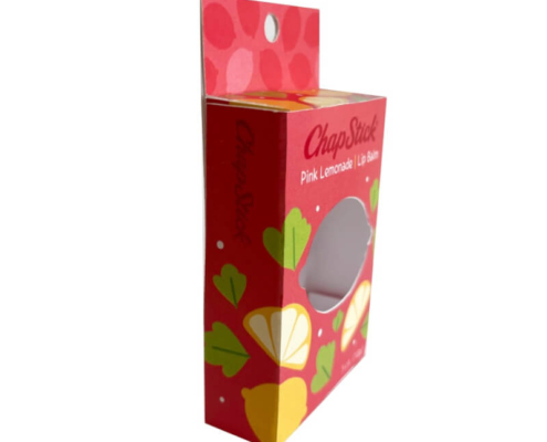 Lip balm gift set packaging with a unique custom shape and window.