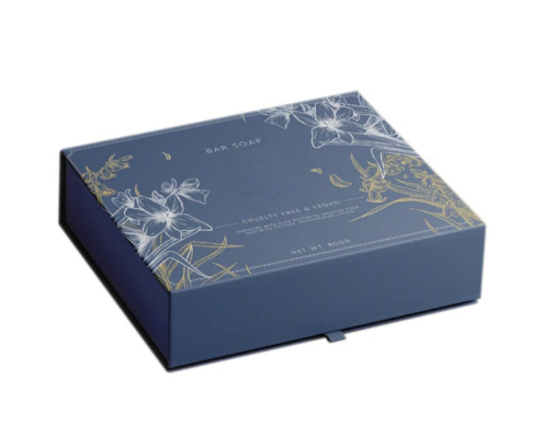 Elegant blue luxury soap box with gold floral design, perfect for high-end soap packaging