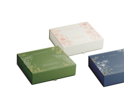 Collection of luxury soap packaging boxes in multiple colors, ideal for premium branding