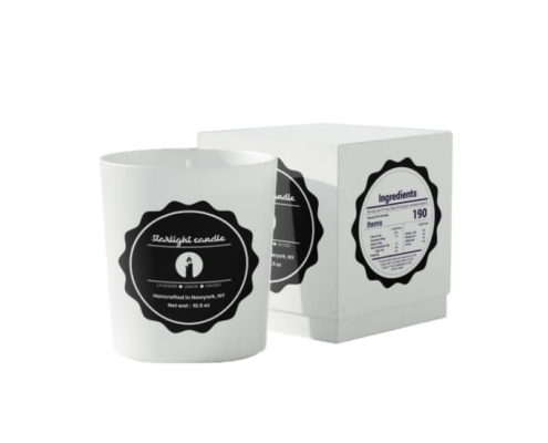 Starlight candle label in black and white with premium finishes for sophisticated branding.