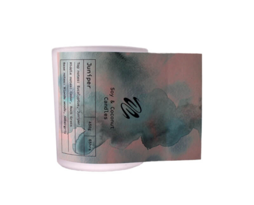 Juniper candle label with a watercolor-inspired design and soy and coconut wax details.