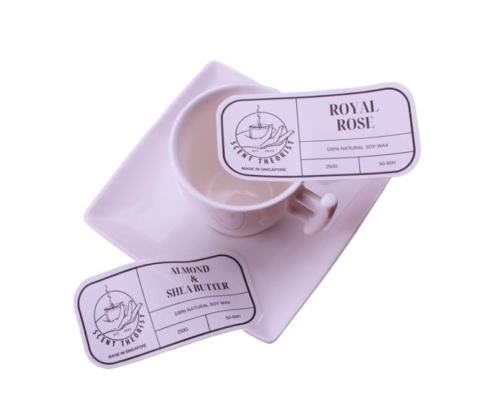 Royal Rose candle labels with elegant fonts and subtle designs for premium packaging.