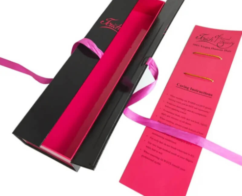 Luxury black custom hair extension box with ribbon and magnetic closure for premium unboxing experience.