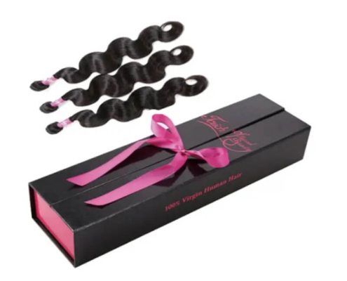 Custom hair extension box with glossy lamination, ribbon closure, and high-end appeal.