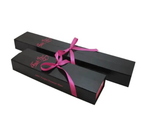 High-quality hair extension packaging box with glossy finish and custom color options.