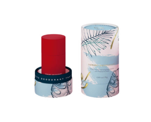 Eco-friendly rolled edge deodorant tube packaging with vibrant custom design.