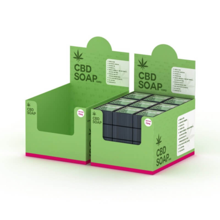 Custom green CBD soap display packaging boxes with an open-top design for retail presentation