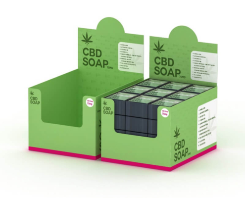 Custom green CBD soap display packaging boxes with an open-top design for retail presentation