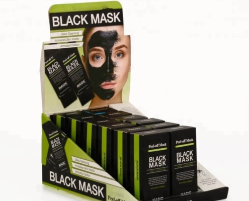 Black mask display packaging boxes with premium folding carton design for retail shelves