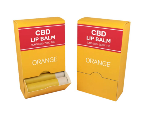 Bright yellow lip balm box with custom branding and product visibility.