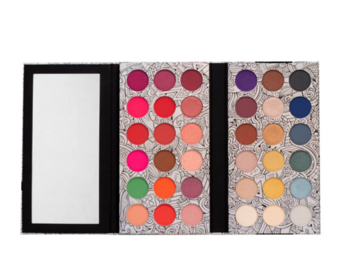 Customizable magnetic eyeshadow palette with 60 vibrant colors and sleek foldable design.