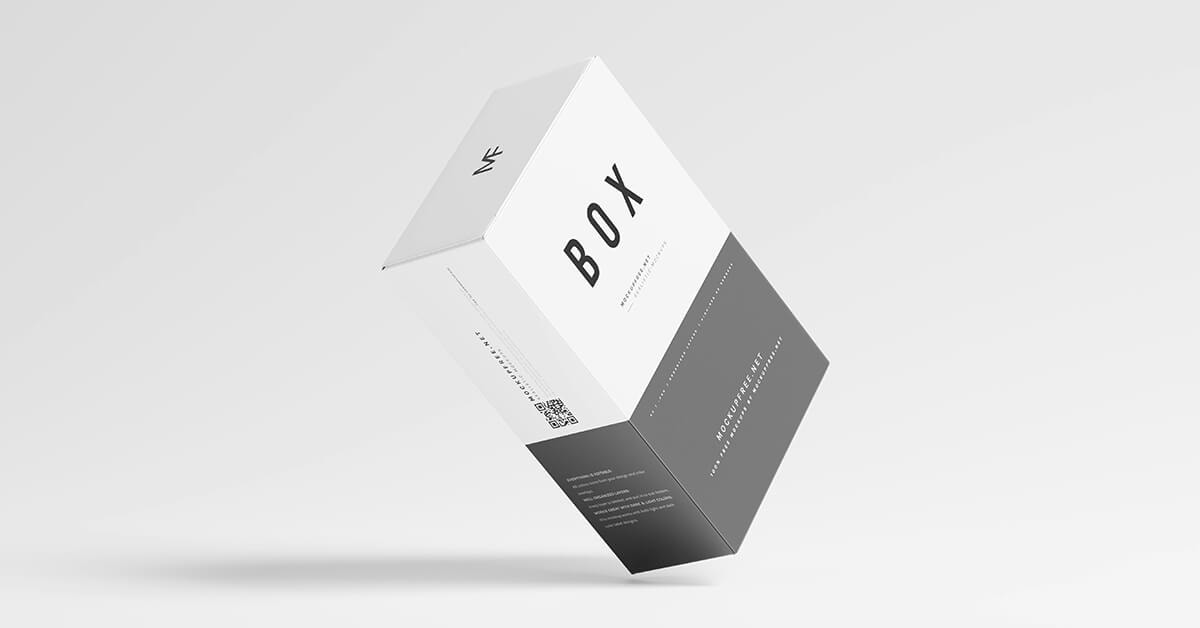 Modern, minimalist floating product packaging box in black and white.