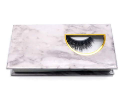 Custom eyelash box with a bold window and gold accents for luxurious lash presentation.