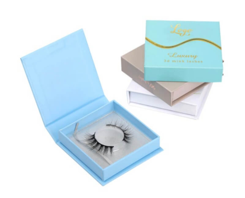 High-quality eyelash box in soft pastel blue with branded gold detailing for chic lash packaging.