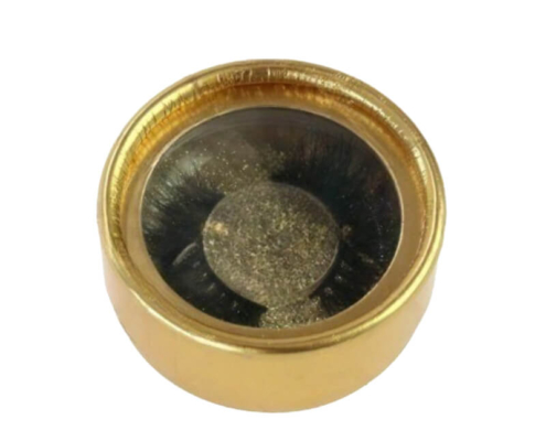 Elegant gold eyelash packaging box with a transparent PVC window for showcasing lashes with a luxurious look.