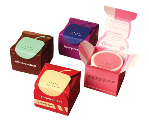 Custom lip balm packaging box with tear-to-open feature and vibrant design.