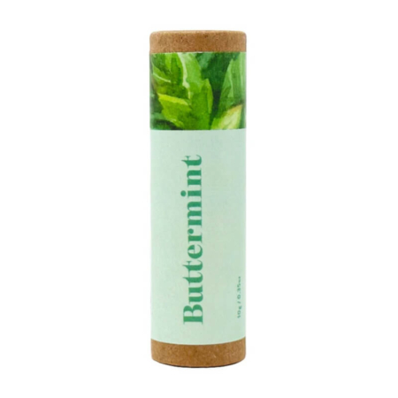 Buttermint lip gloss tubes with green mint leaves artwork on eco-friendly kraft tube