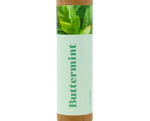 Buttermint lip gloss tubes with green mint leaves artwork on eco-friendly kraft tube