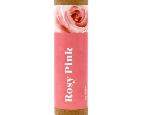 Rosy Pink lip gloss tube in eco-friendly kraft packaging with rose petal print